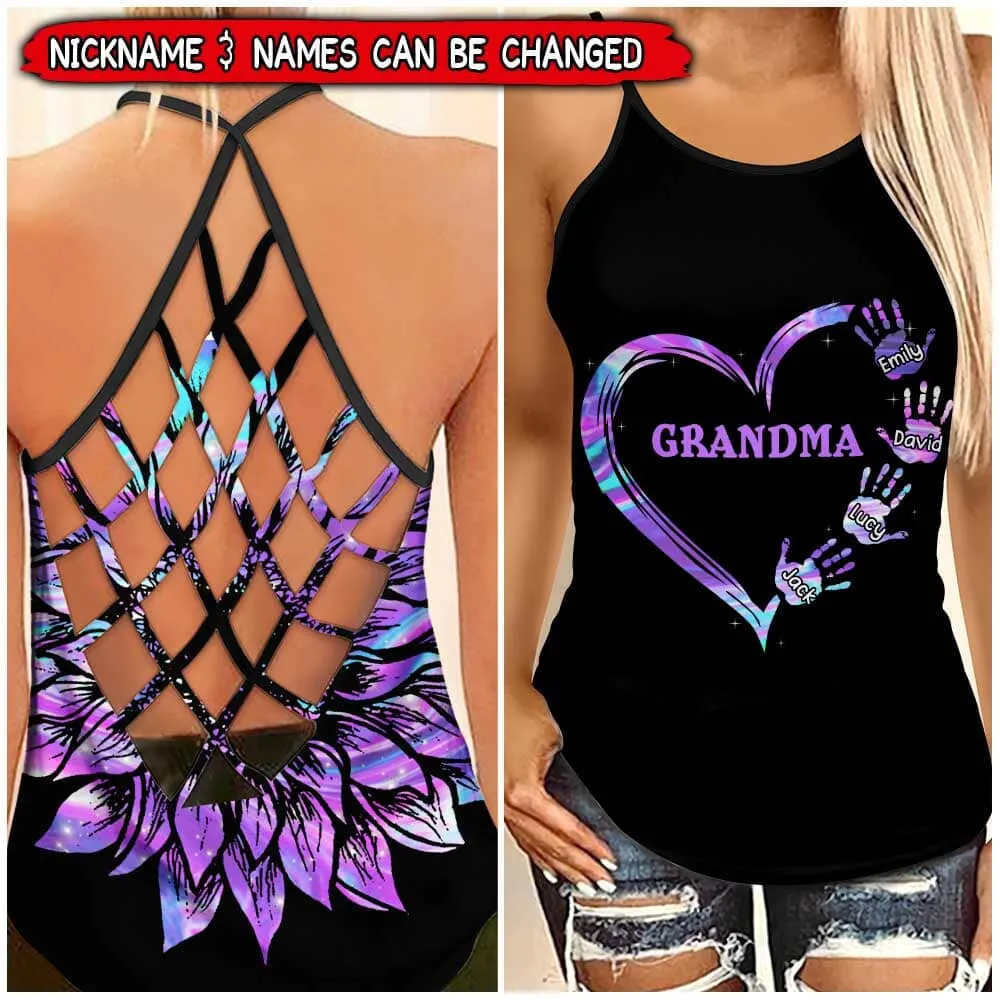 Personalized Grandma Mom With Heart Hand Prints Grandkids Cross Tank Top