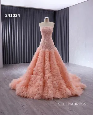 Pink Beaded Ruffled Wedding Dresses Strapless Quinceanera Dress 241024