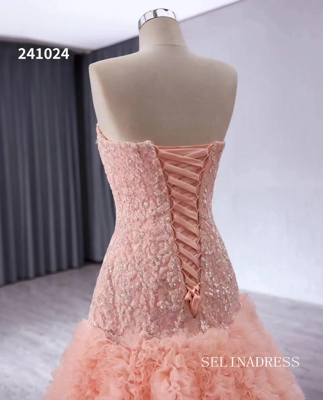 Pink Beaded Ruffled Wedding Dresses Strapless Quinceanera Dress 241024