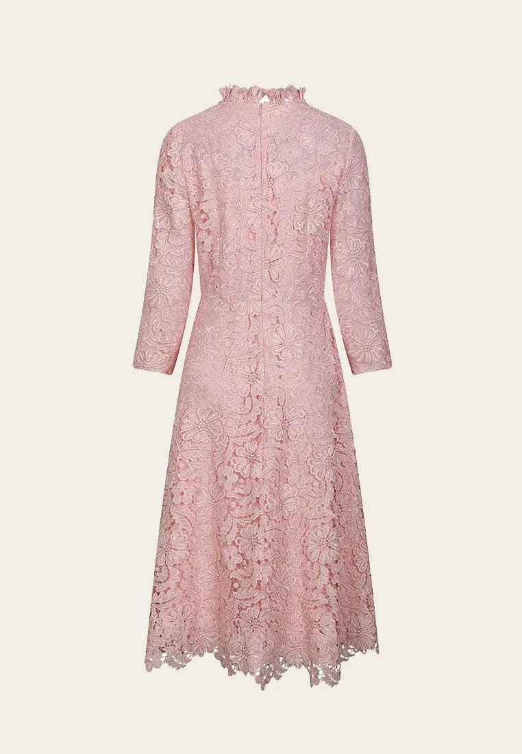 Pink Embellished Floral Lace Evening Dress