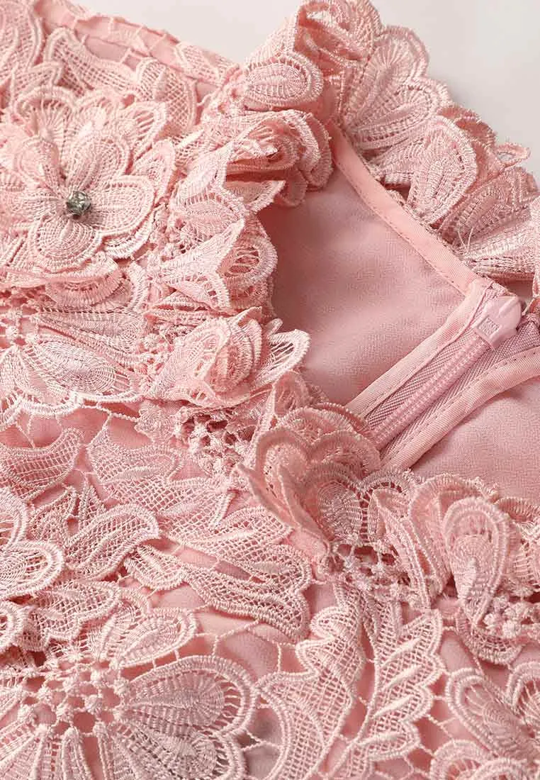 Pink Embellished Floral Lace Evening Dress