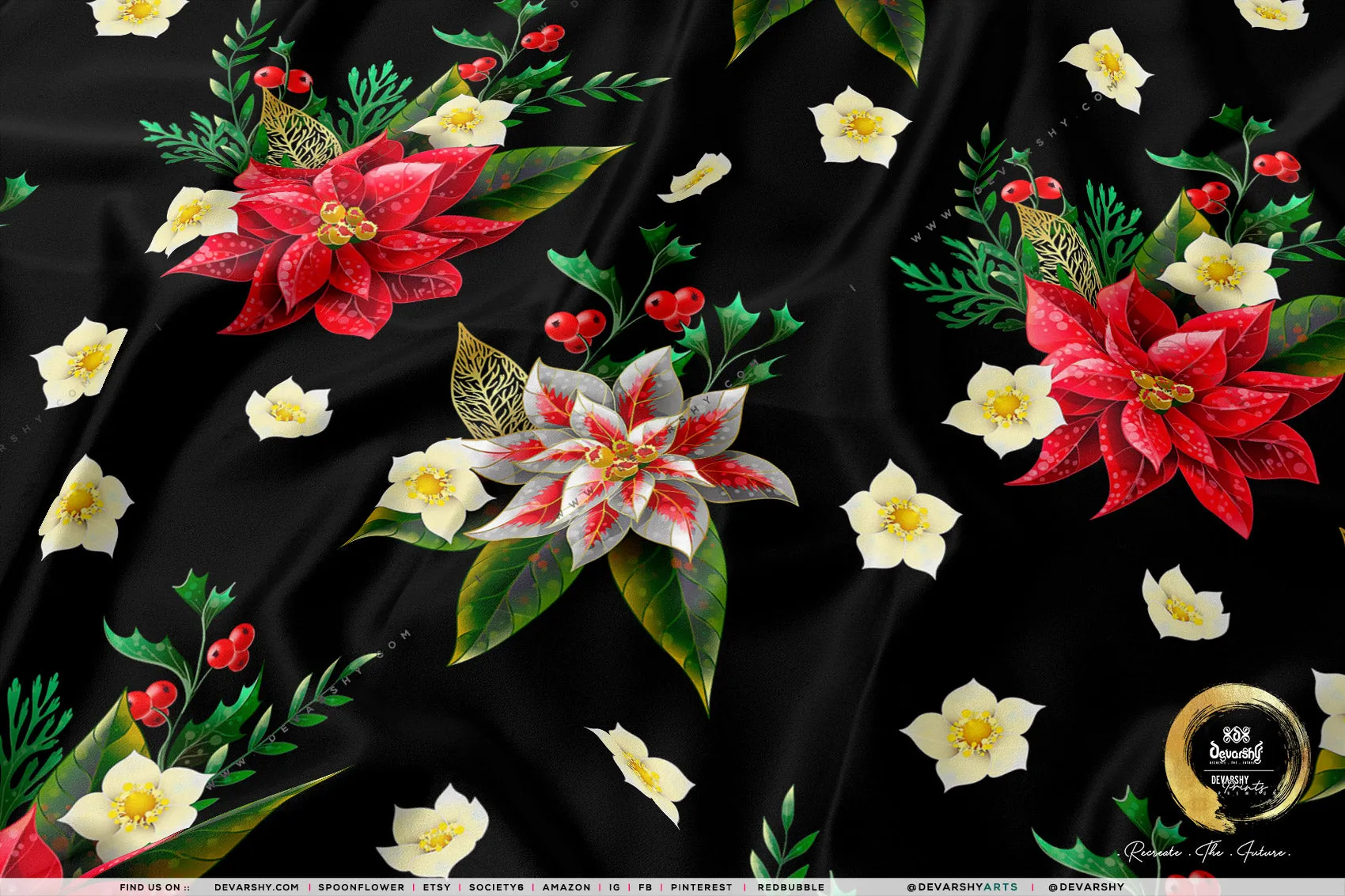 Poinsettia Floral Apparel Fabric 3Meters , 9 Designs | 8 Fabrics Option | Fabric By the Yard | 070