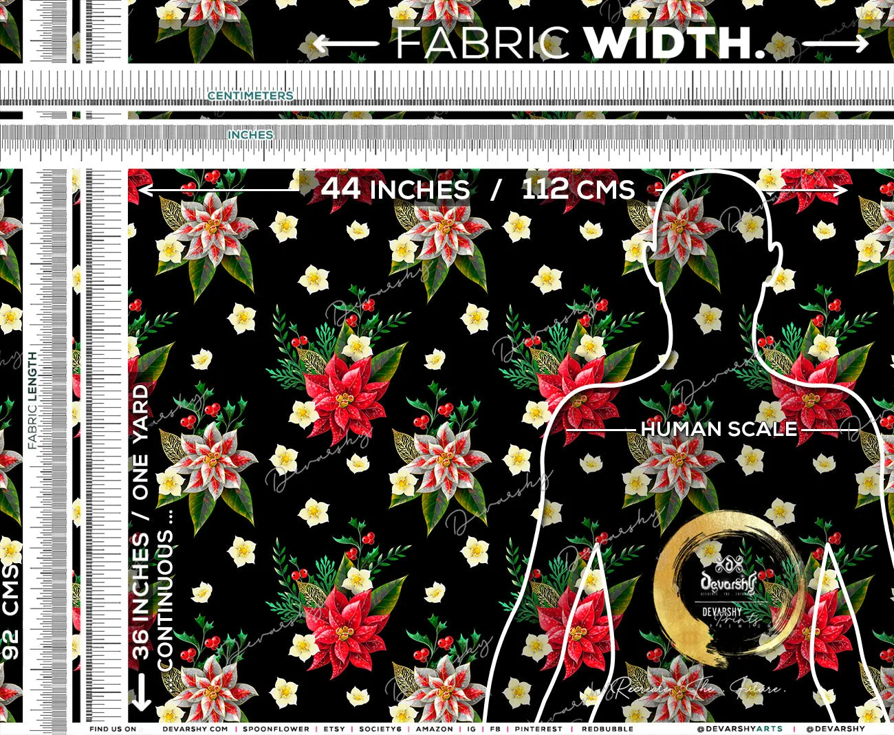 Poinsettia Floral Apparel Fabric 3Meters , 9 Designs | 8 Fabrics Option | Fabric By the Yard | 070