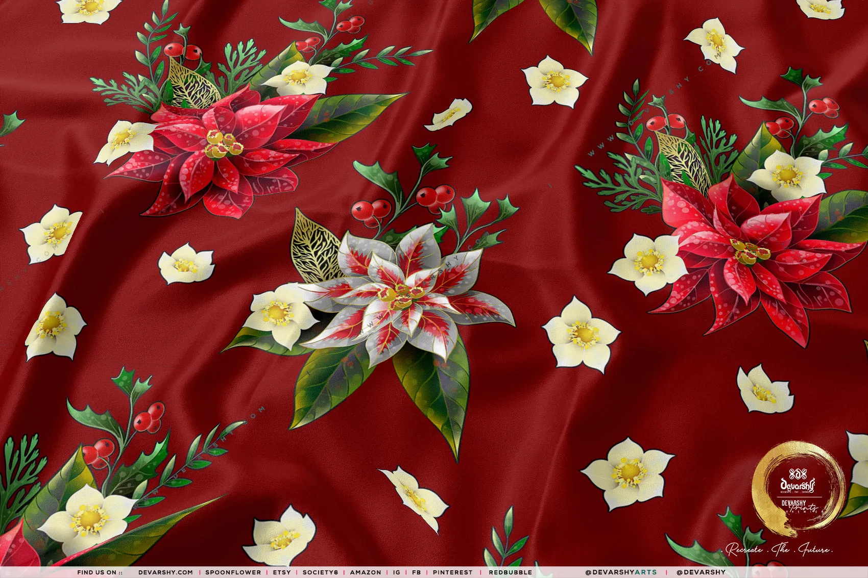 Poinsettia Floral Apparel Fabric 3Meters , 9 Designs | 8 Fabrics Option | Fabric By the Yard | 070