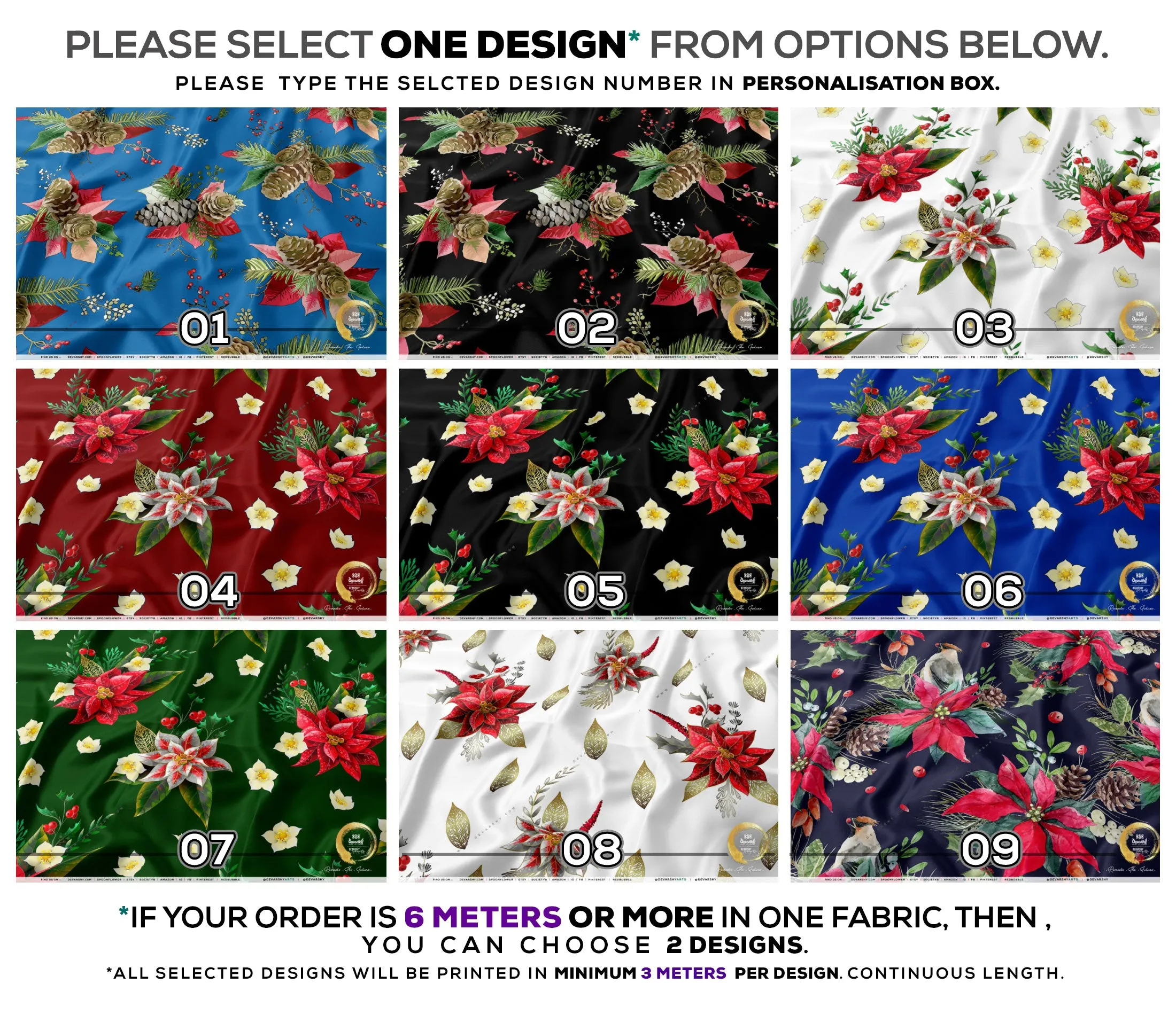 Poinsettia Floral Apparel Fabric 3Meters , 9 Designs | 8 Fabrics Option | Fabric By the Yard | 070