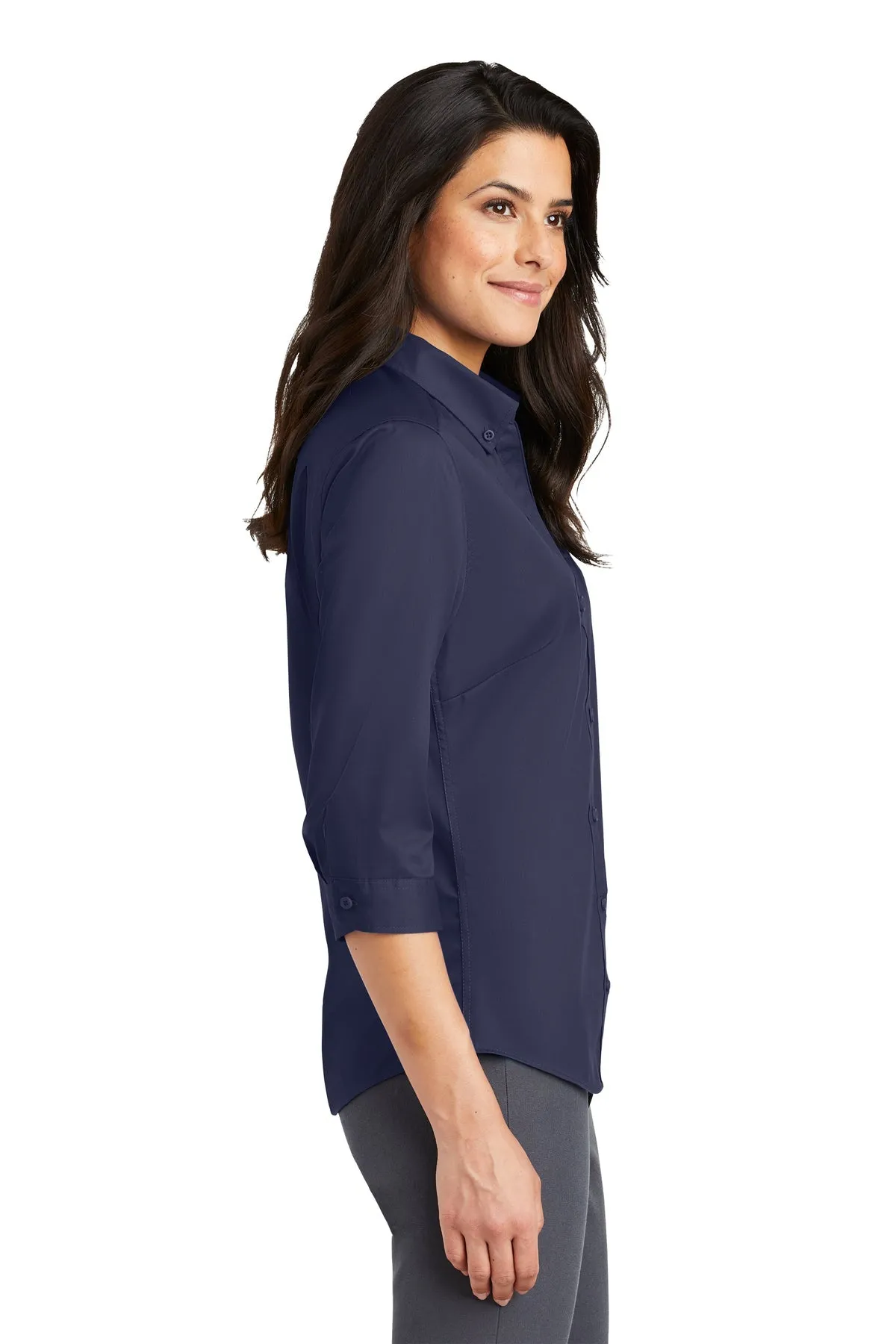 Port Authority Ladies 3/4-Sleeve SuperPro Branded Twill Shirts, True Navy