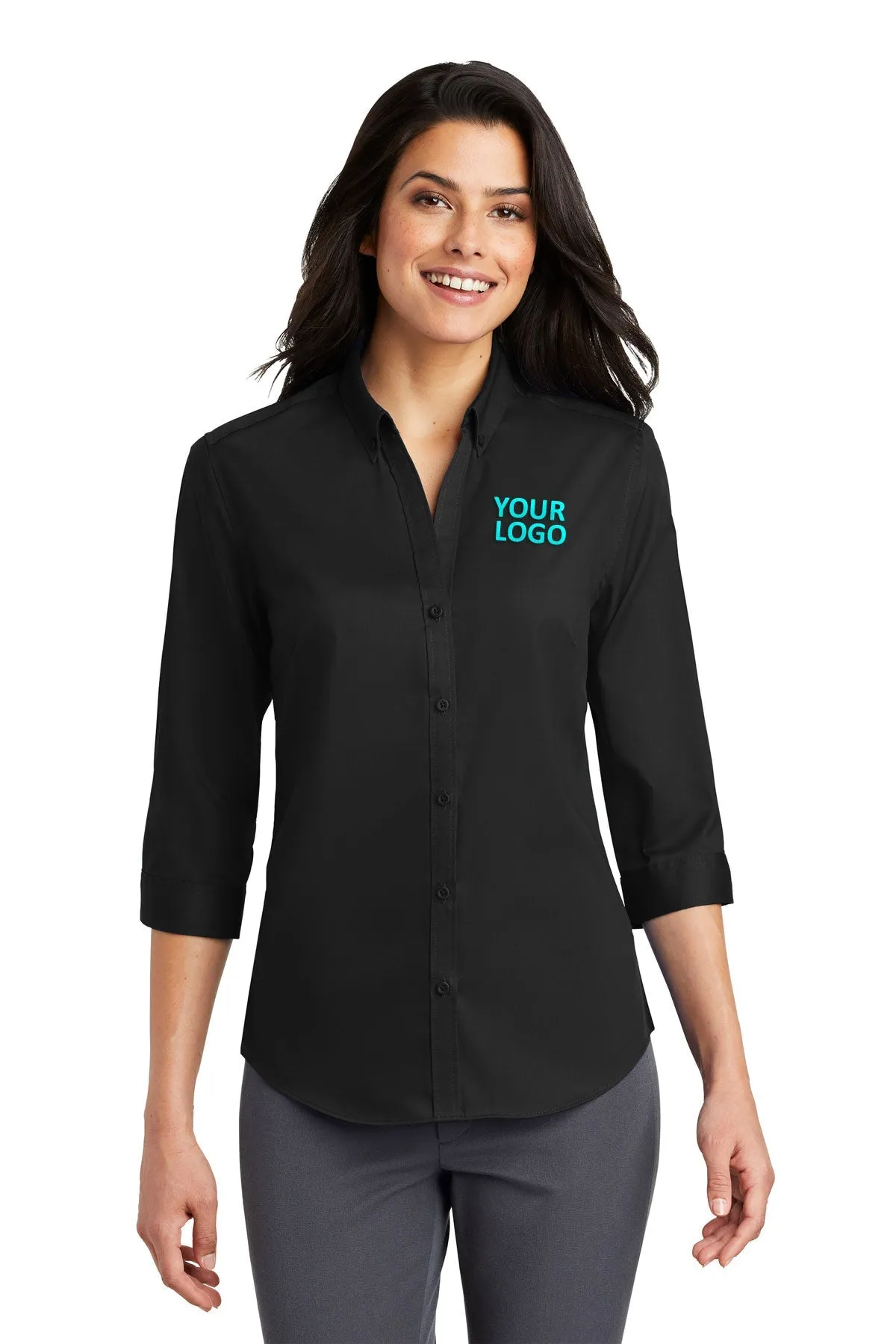 Port Authority Ladies 3/4-Sleeve SuperPro Custom Twill Shirts, Black