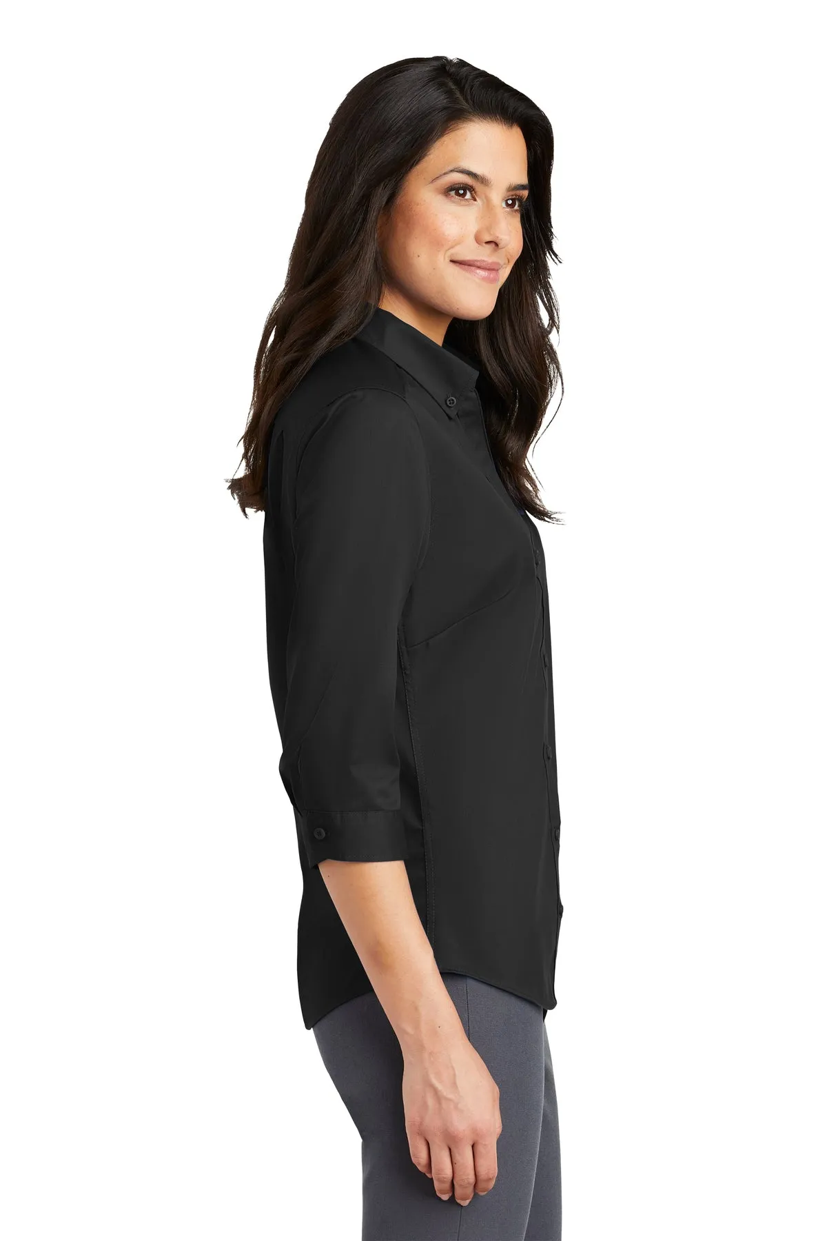 Port Authority Ladies 3/4-Sleeve SuperPro Custom Twill Shirts, Black