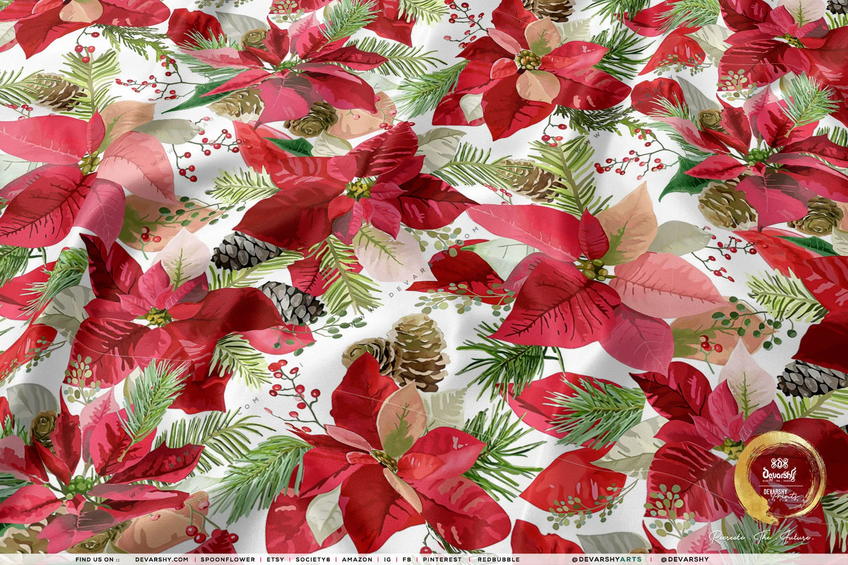 Red Poinsettia Apparel Fabric 3Meters , 9 Designs | 8 Fabrics Option | Fabric By the Yard | 070