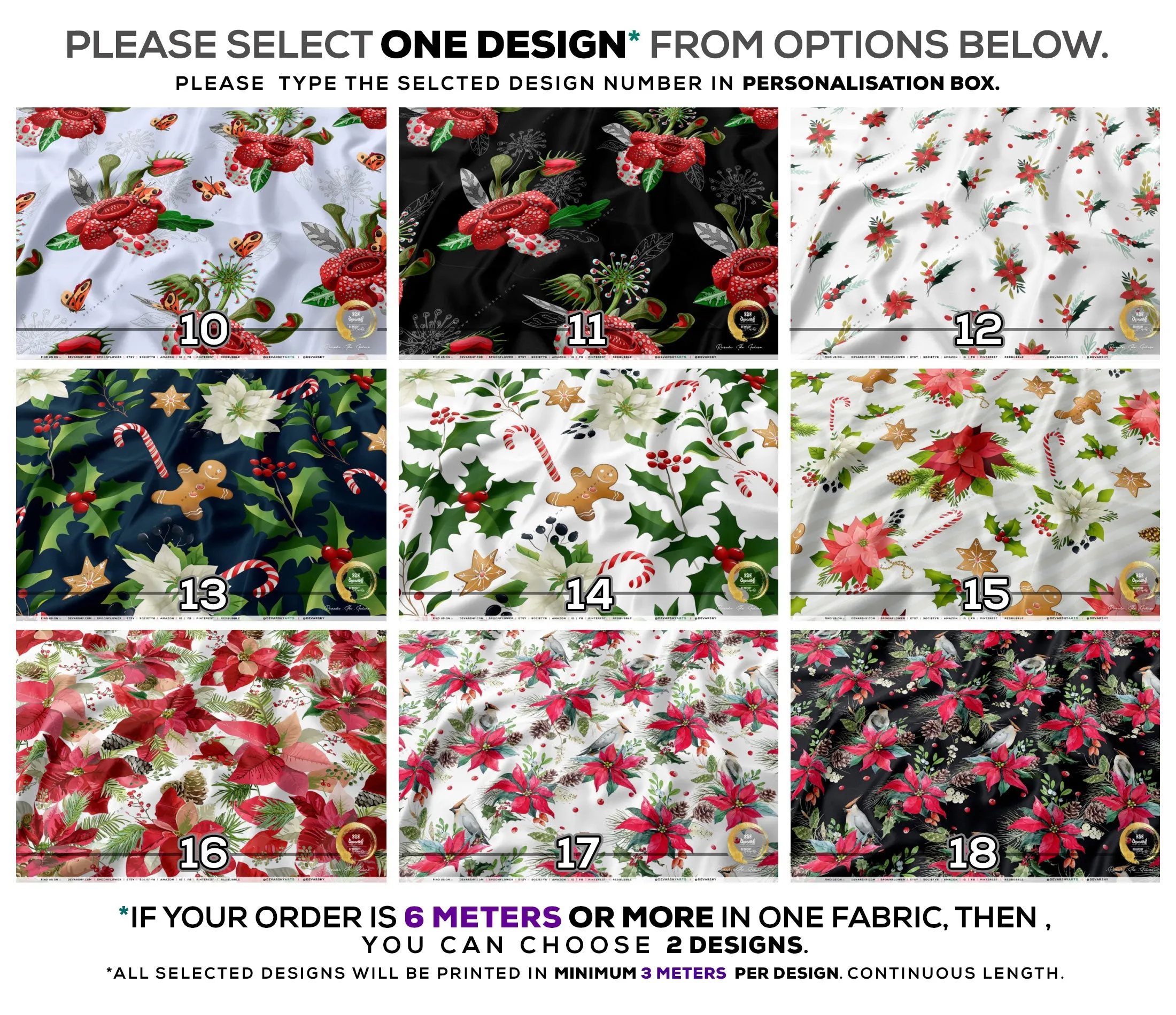 Red Poinsettia Apparel Fabric 3Meters , 9 Designs | 8 Fabrics Option | Fabric By the Yard | 070