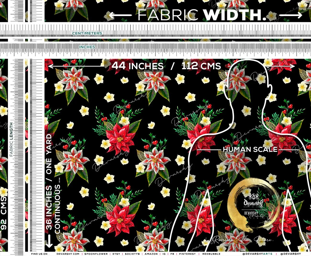 Red Poinsettia Apparel Fabric 3Meters , 9 Designs | 8 Fabrics Option | Fabric By the Yard | 070