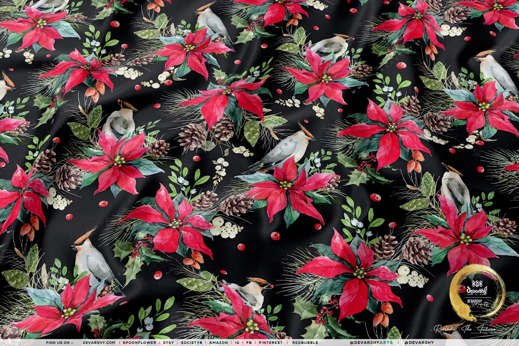 Red Poinsettia Apparel Fabric 3Meters , 9 Designs | 8 Fabrics Option | Fabric By the Yard | 070