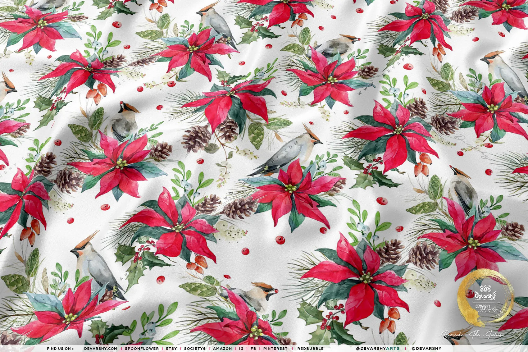 Red Poinsettia Apparel Fabric 3Meters , 9 Designs | 8 Fabrics Option | Fabric By the Yard | 070