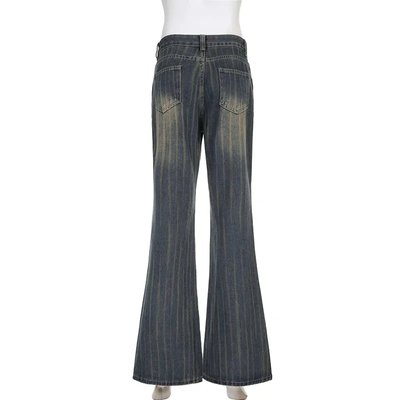 Retro Streetwear Low Rise Skinny Stripe Flare Jeans Female Vintage Outfits Y2K Boot Cut Denim Trousers Chic Pants New