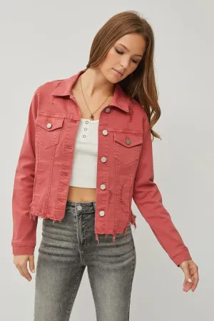 RISEN Raw Hem Button Up Cropped Denim Jacket