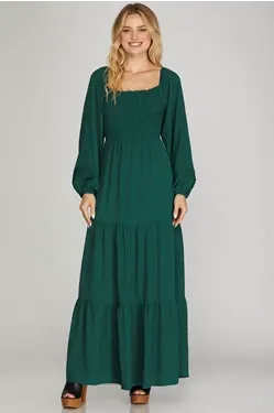 Robin Puff Long Sleeve Smocked Tiered Maxi / Midi Dress [S-2X]