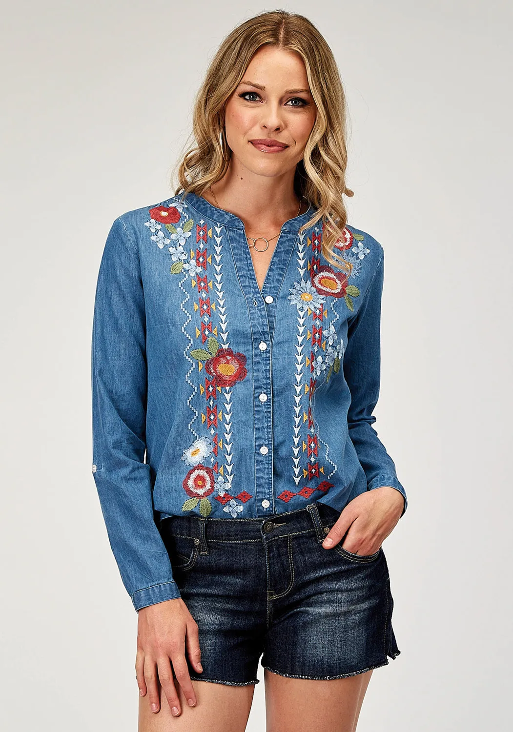 Roper Womens Floral Lightweight Blue 100% Cotton L/S Shirt