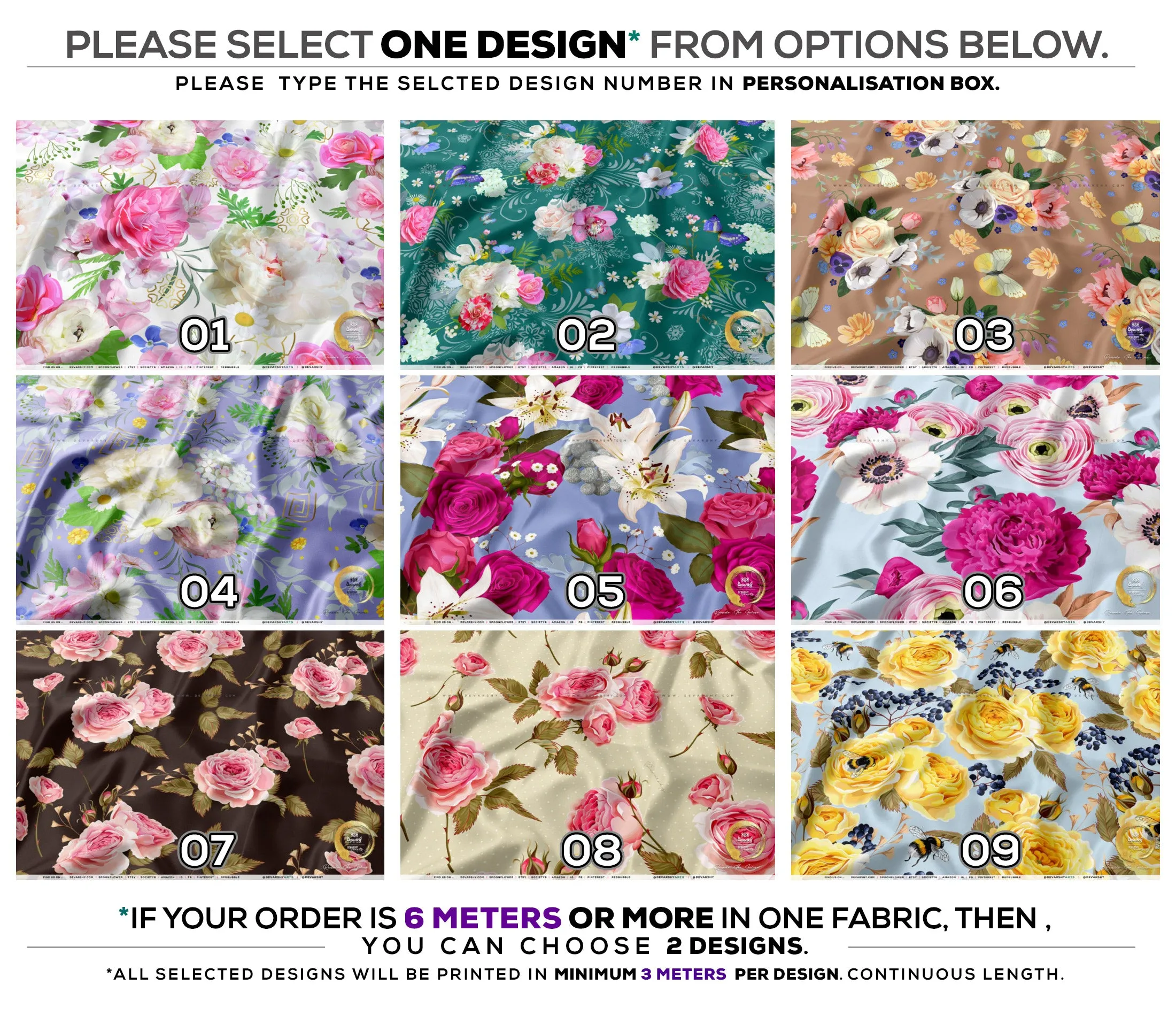 Roses Apparel Fabric 3Meters , 9 Designs | 8 Fabrics Option | Fabric By the Yard | D20134