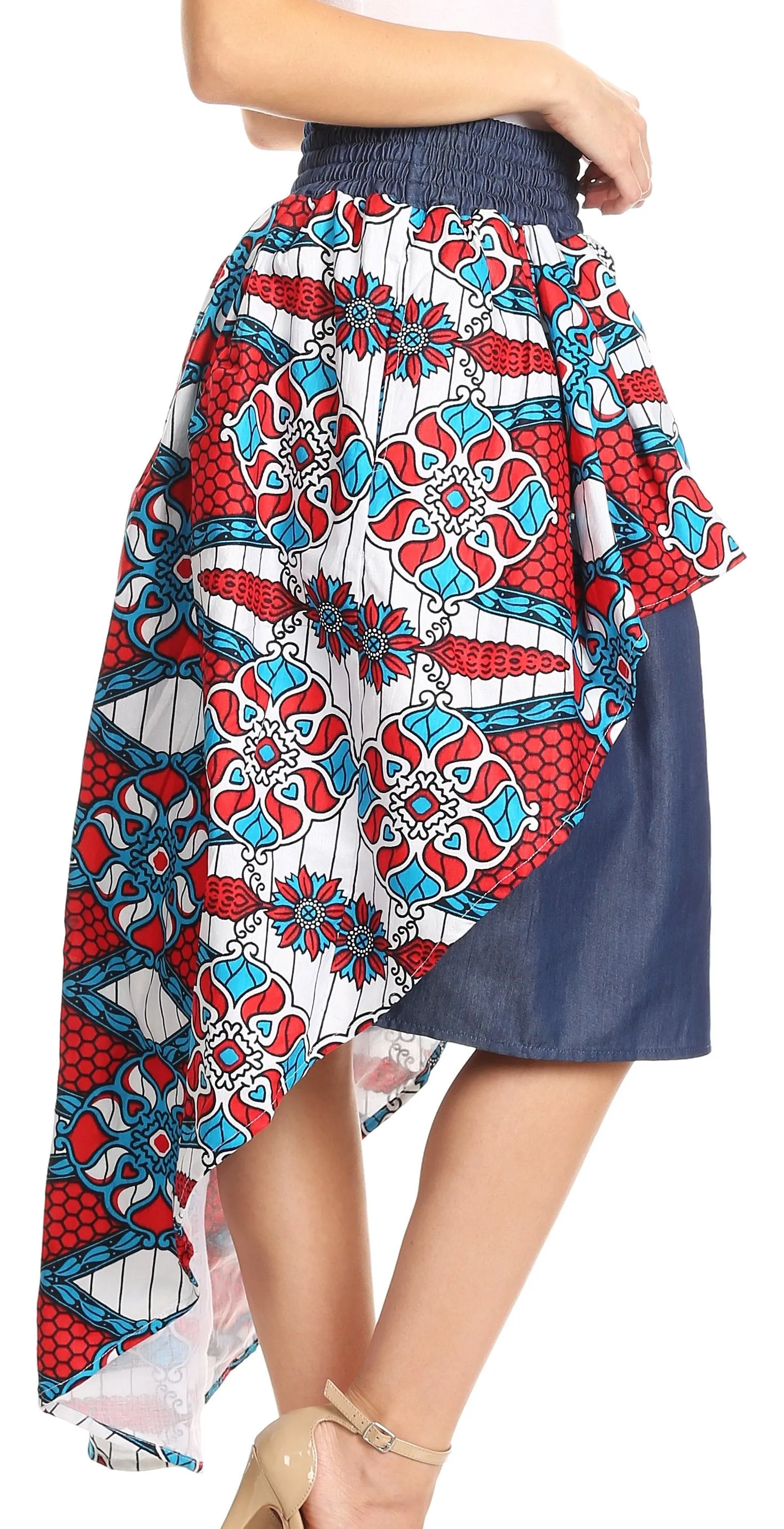 Sakkas Bahati Hi Low Mermaid African Ankara Dutch Wax Cotton Skirt Colorful