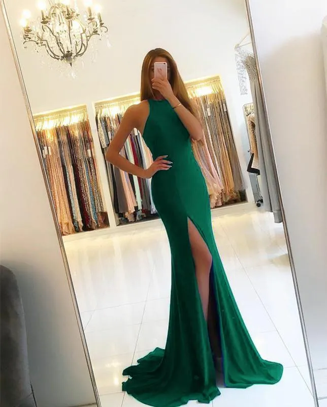 Sexy Mermaid Backless Prom Gowns Split Evening Dress