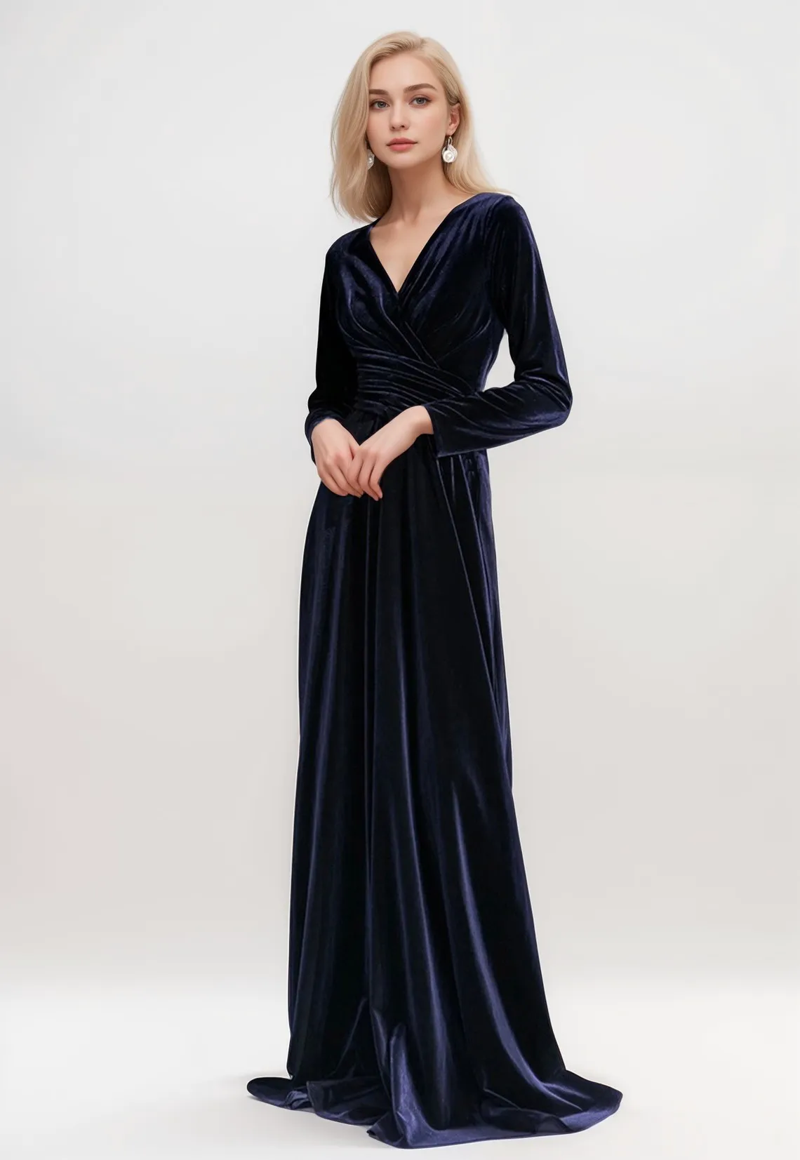 Sexy V-Neck Velvet Dress with Long Sleeves and Ruched Waist Desi