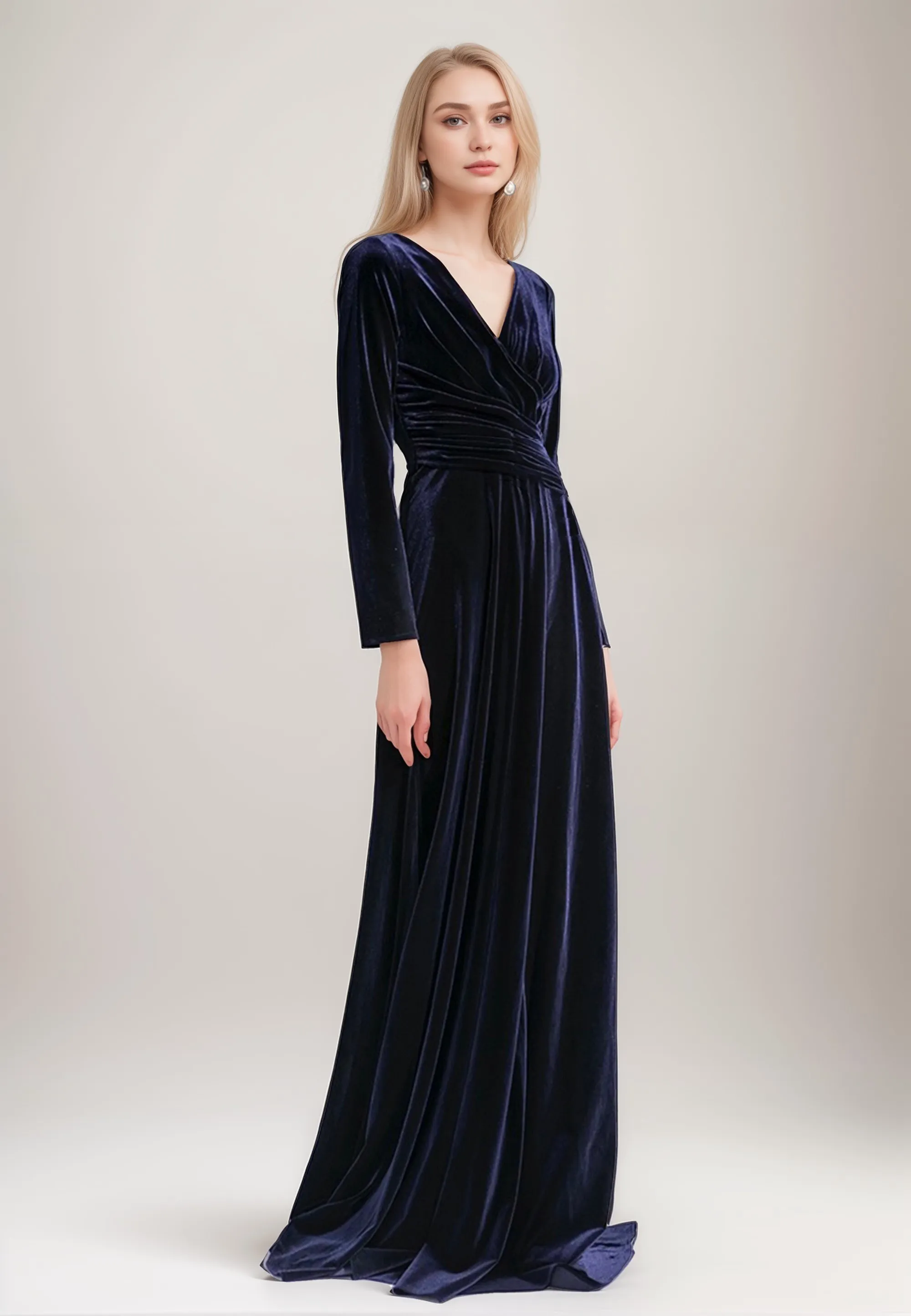 Sexy V-Neck Velvet Dress with Long Sleeves and Ruched Waist Desi