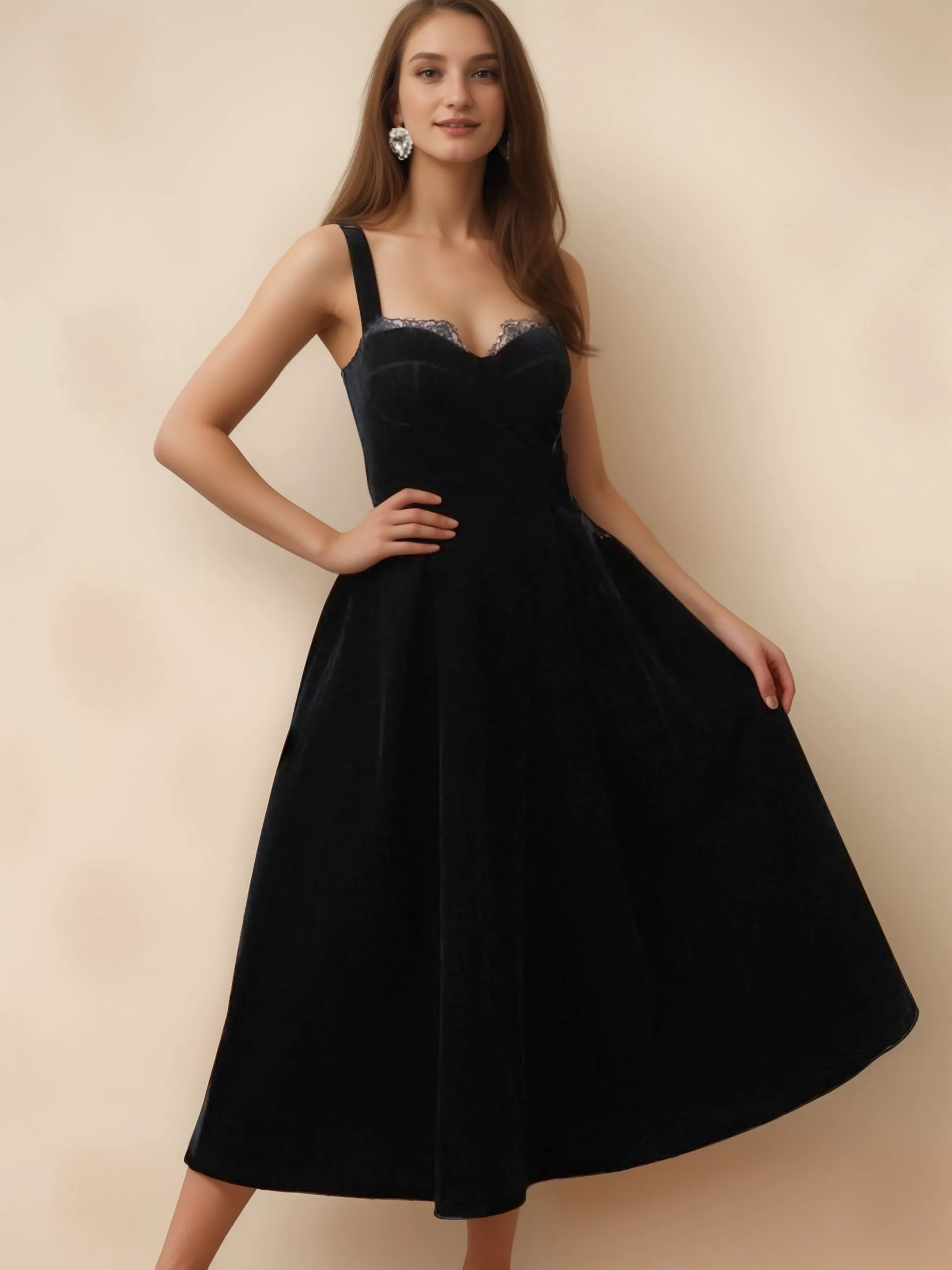 Spaghetti Straps Sweetheart Tea-Length Lace Ball Gown Velvet Dress