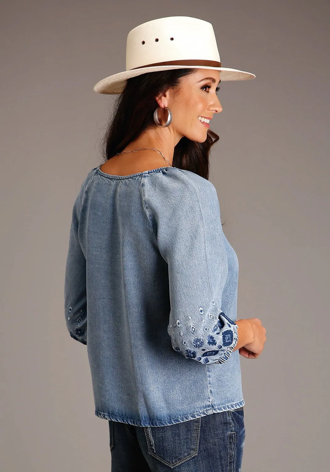 Stetson Womens Elbow Length Embroidered Blue Lyocell S/S Blouse