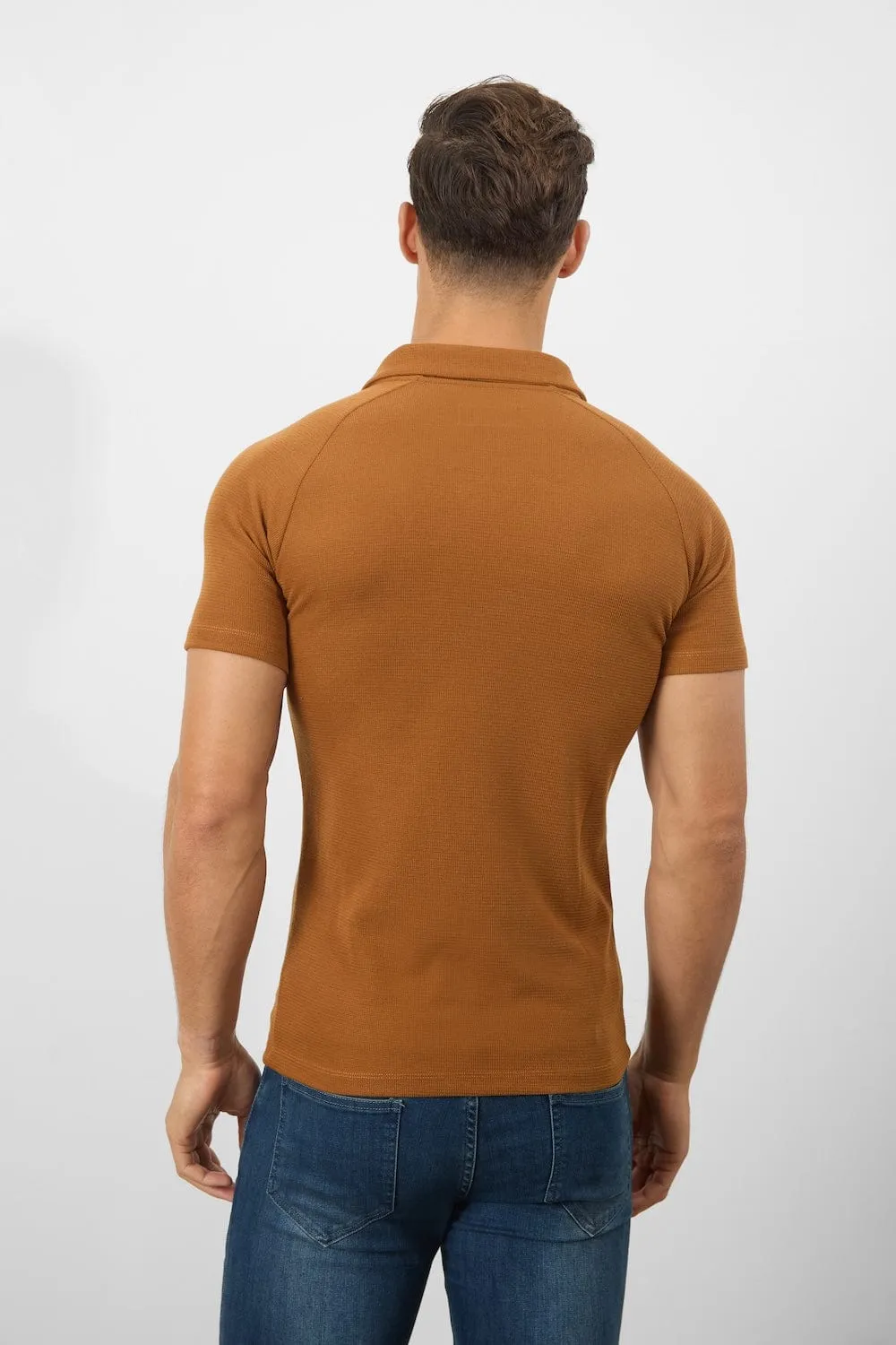 Textured Open Collar Polo Shirt in Ginger