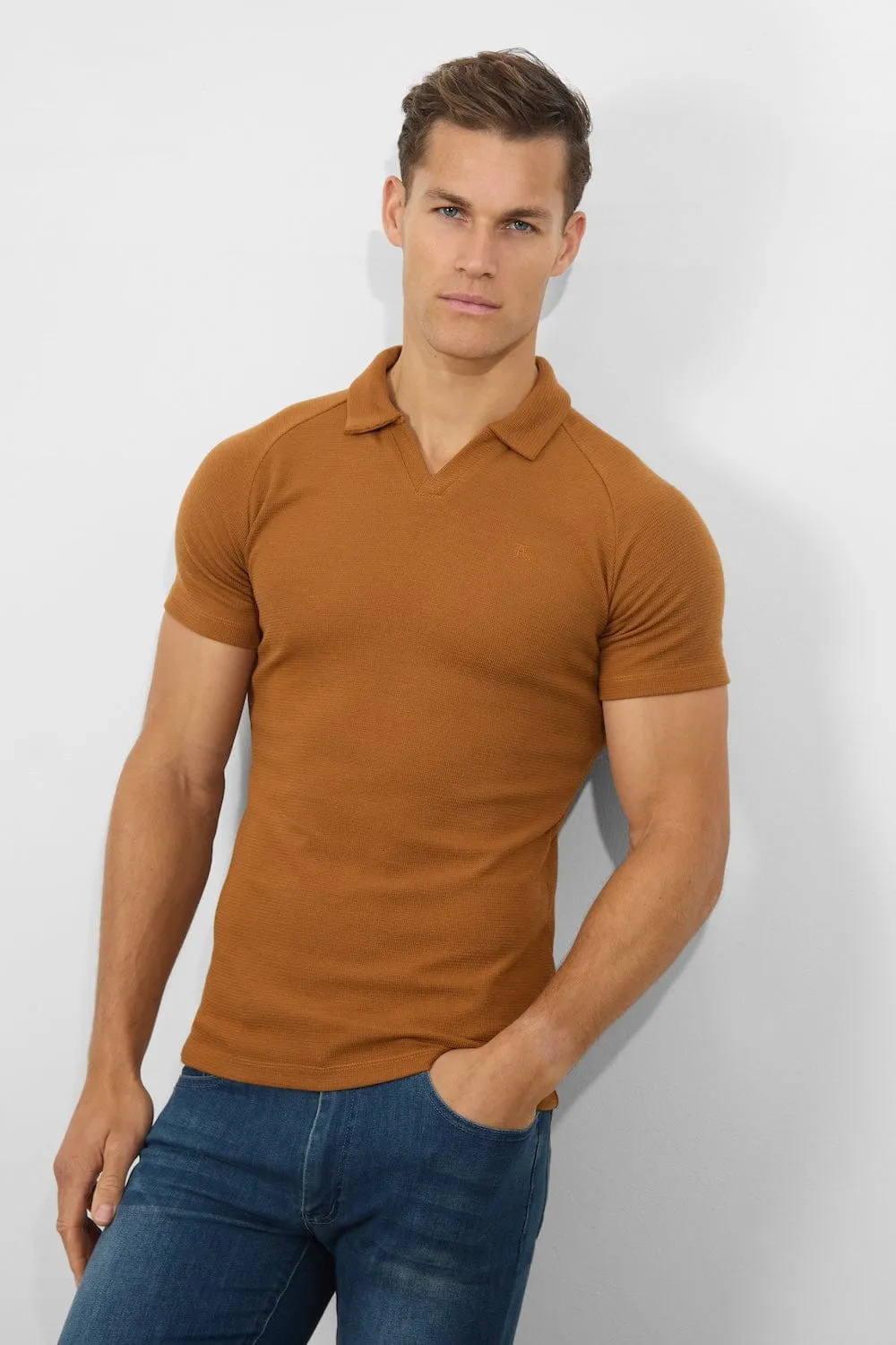 Textured Open Collar Polo Shirt in Ginger