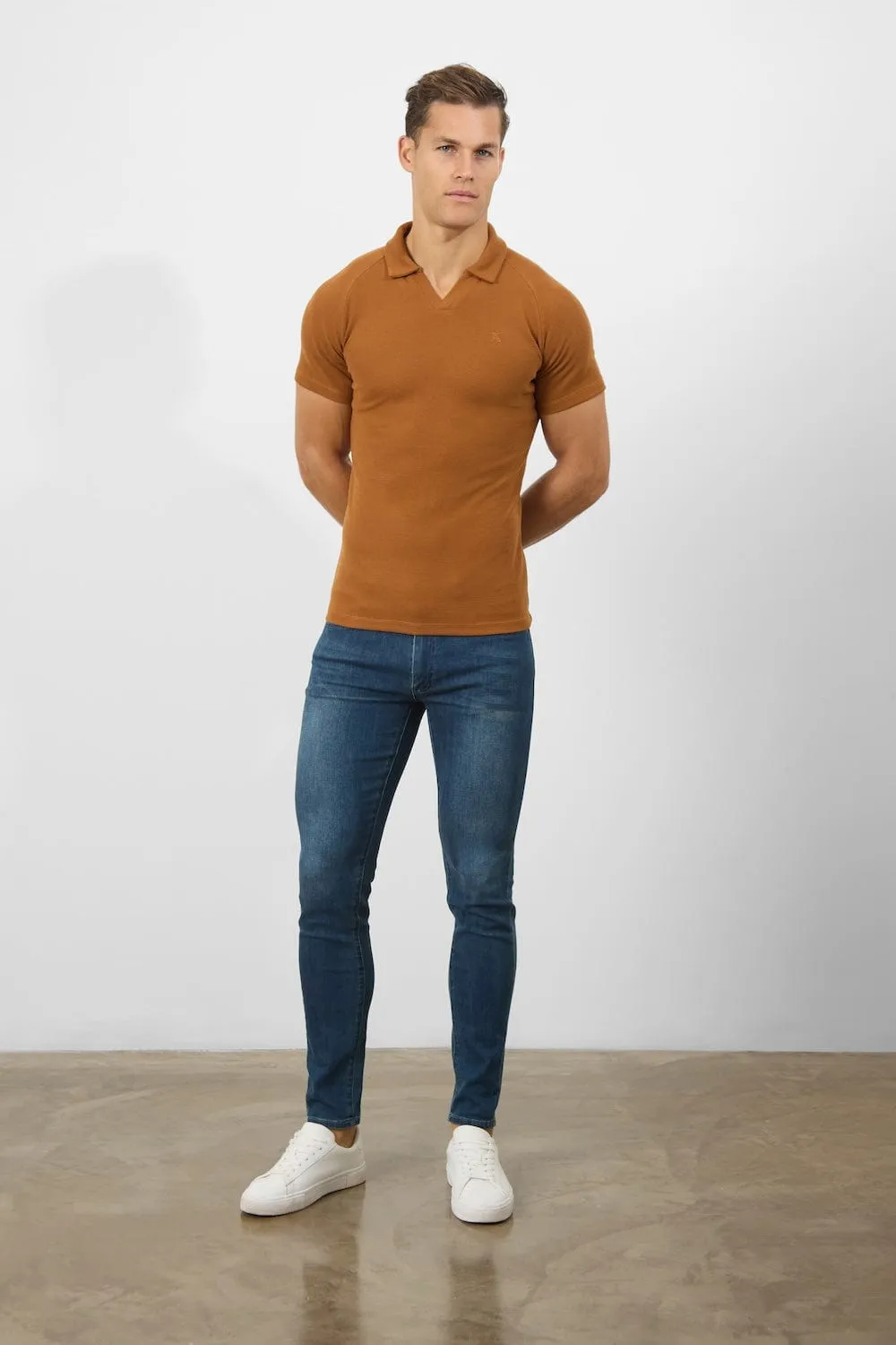 Textured Open Collar Polo Shirt in Ginger