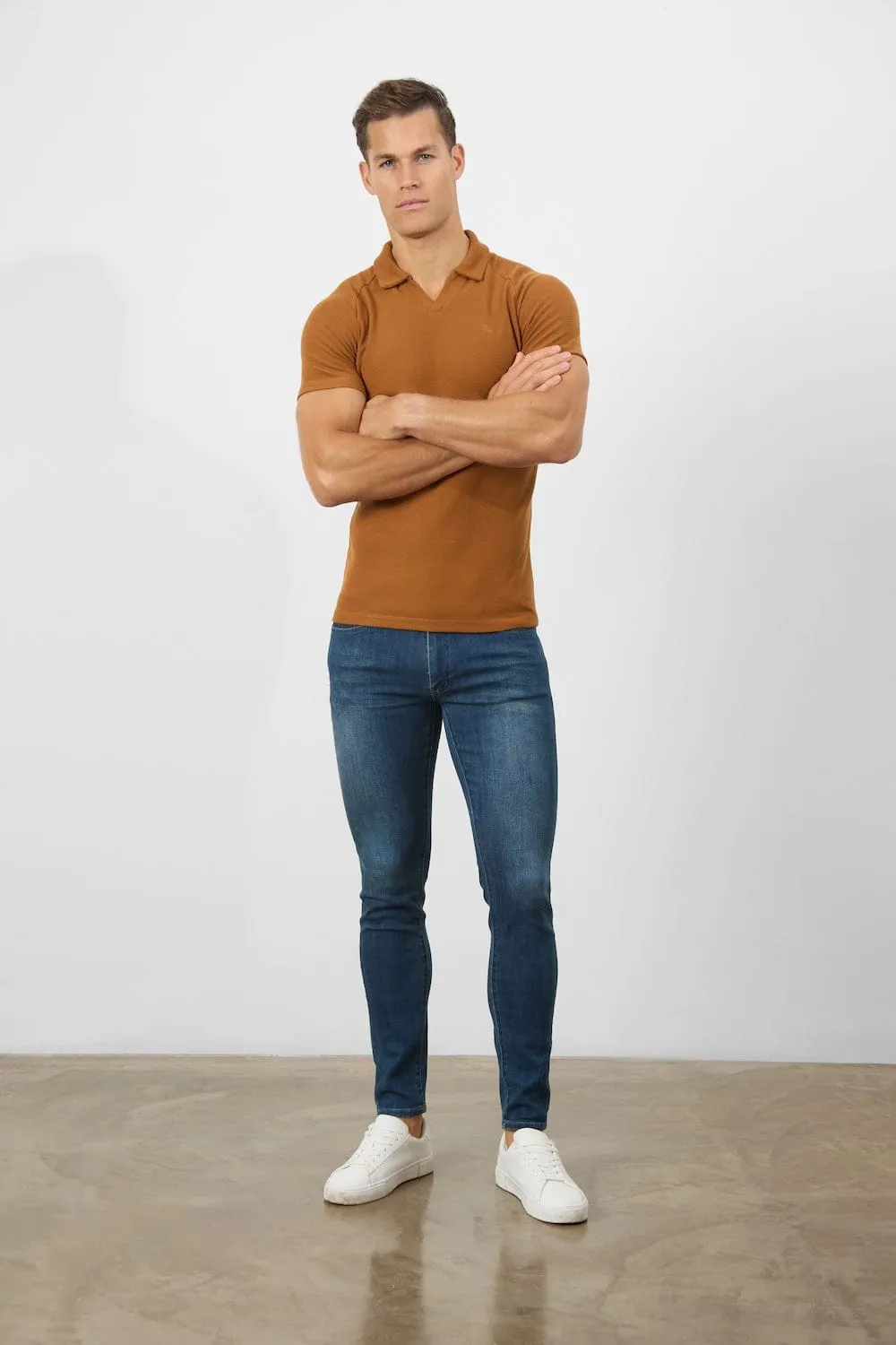 Textured Open Collar Polo Shirt in Ginger