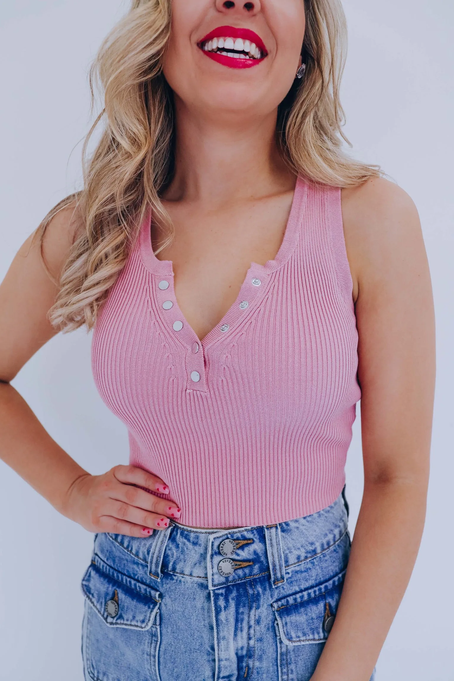 Trendy Button Front Cropped Tank - Dusty Rose