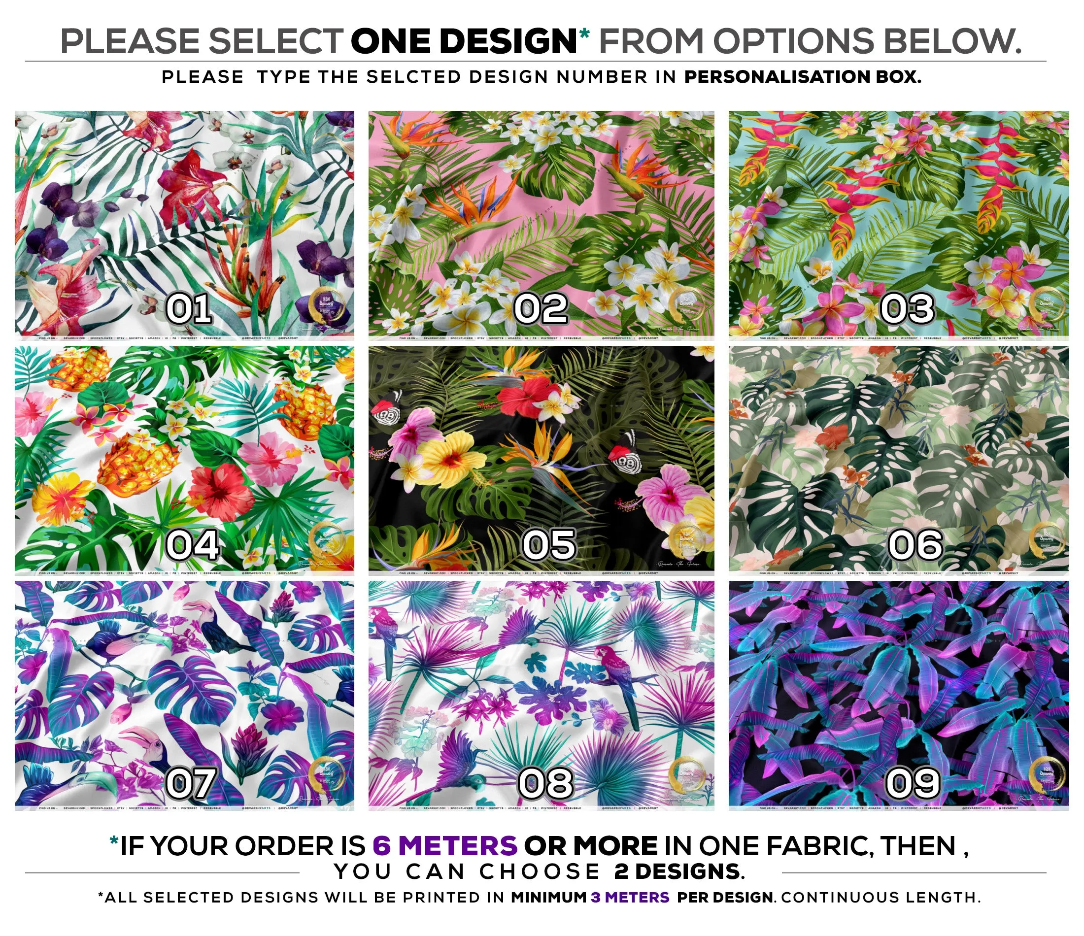 Tropical Print Apparel Fabric 3Meters , 9 Designs | 8 Fabrics Option | Fabric By the Yard | D20170