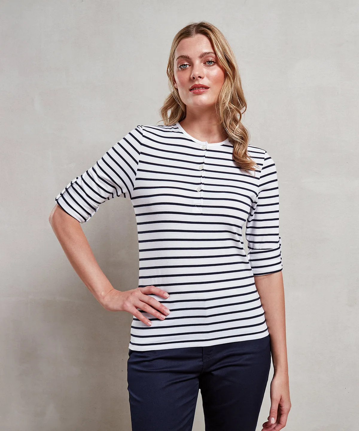 White/Navy - Women's Long John roll-sleeve tee