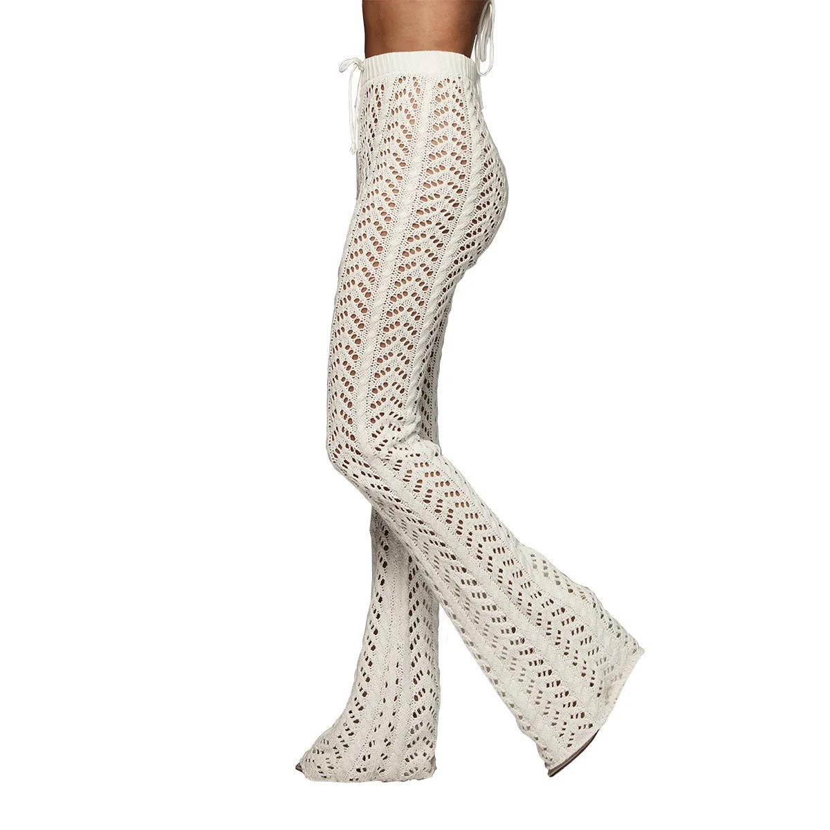 Women's Boho Nightclub Cutout Knitted Trousers in Beige / Camel Size: S, M, L, XL