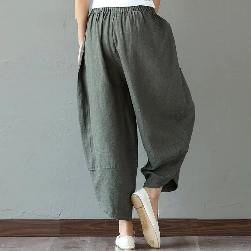 Women's Loose Linen Elastic Waist Ethnic Splicing Harem Pants