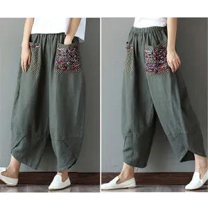 Women's Loose Linen Elastic Waist Ethnic Splicing Harem Pants