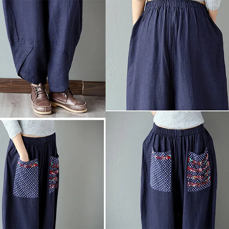 Women's Loose Linen Elastic Waist Ethnic Splicing Harem Pants