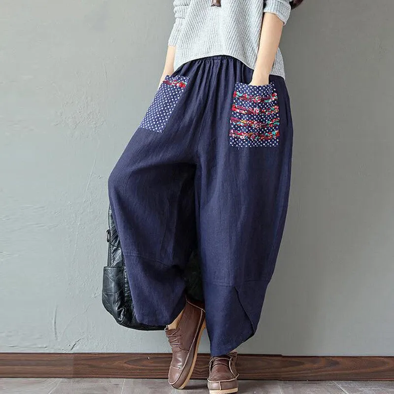 Women's Loose Linen Elastic Waist Ethnic Splicing Harem Pants