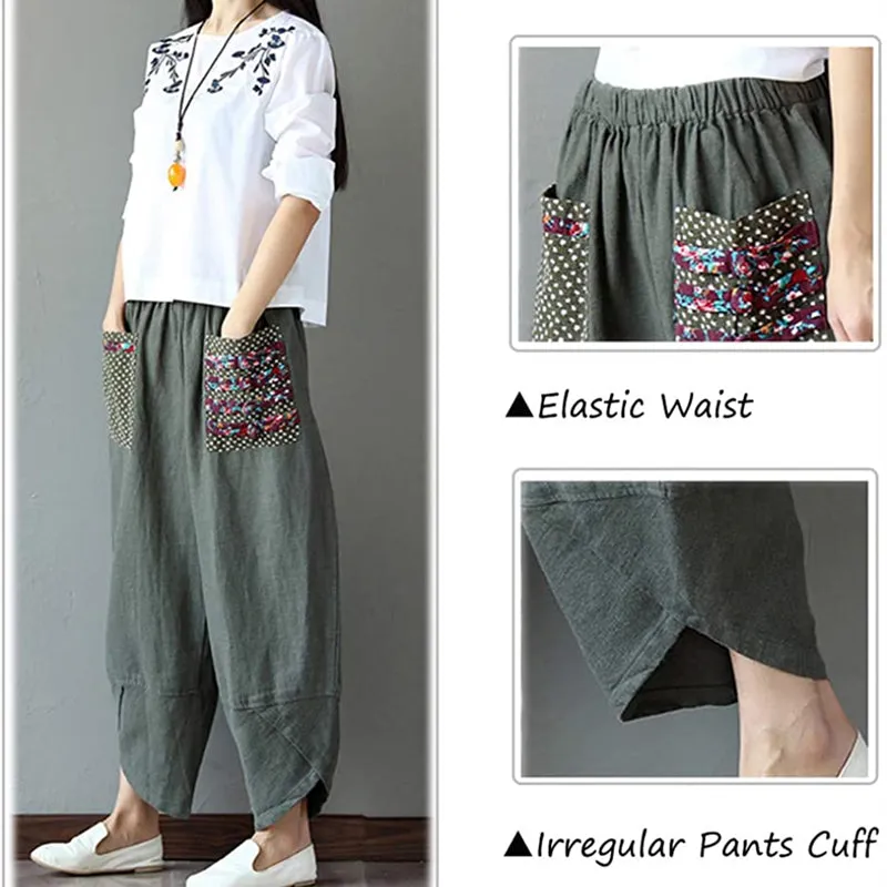 Women's Loose Linen Elastic Waist Ethnic Splicing Harem Pants