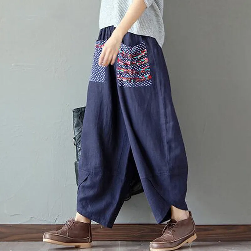 Women's Loose Linen Elastic Waist Ethnic Splicing Harem Pants