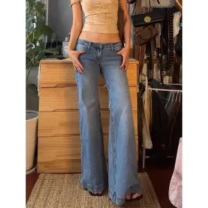 Women's Retro Washed Low Waisted Flared Jeans Summer New Chic Casual Wide-leg Pants Female Sexy Denim Bell-bottoms Trousers