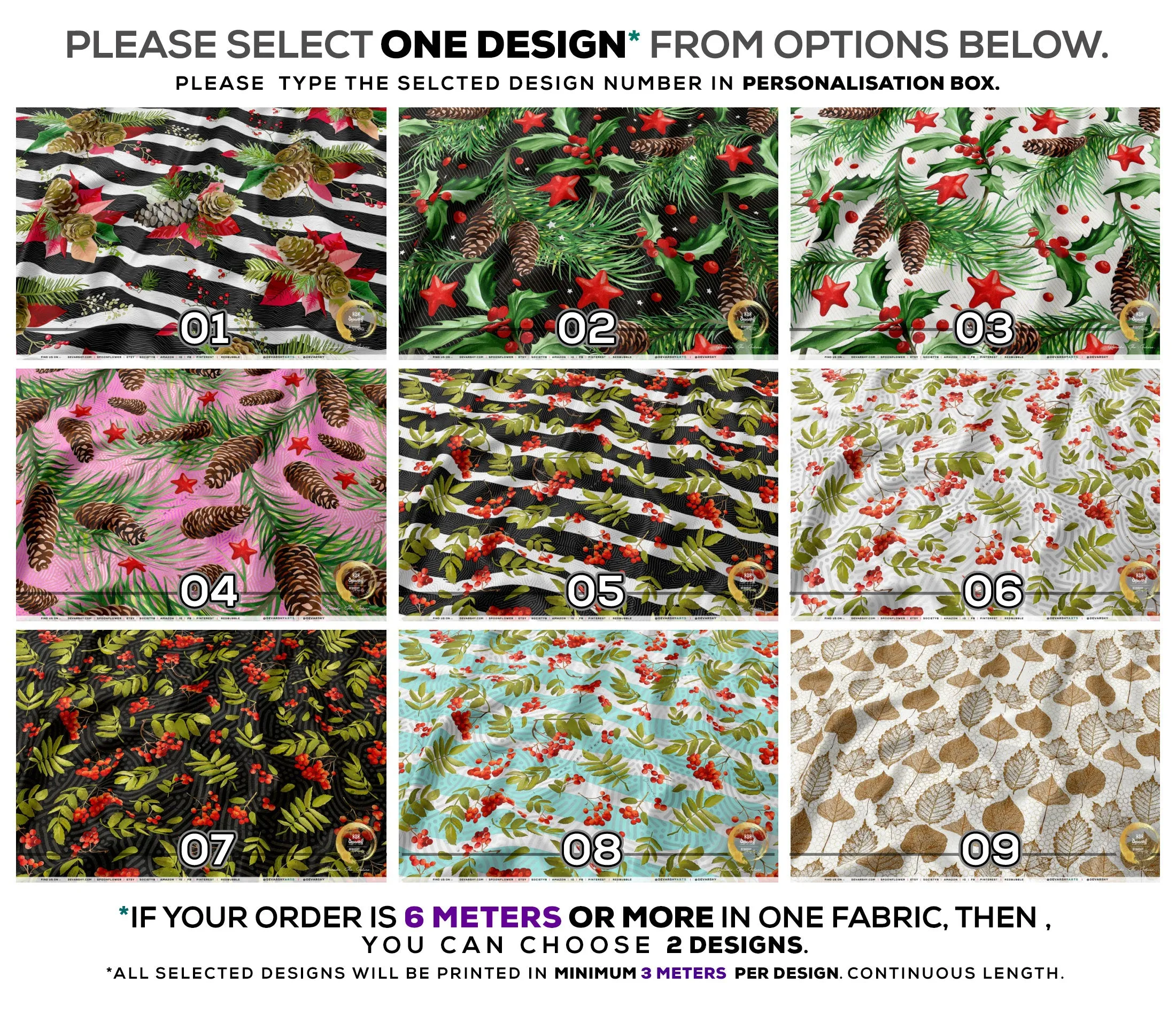 Xmas Florals Apparel Fabric 3Meters , 9 Designs | 8 Fabrics Option | Fabric By the Yard | 072